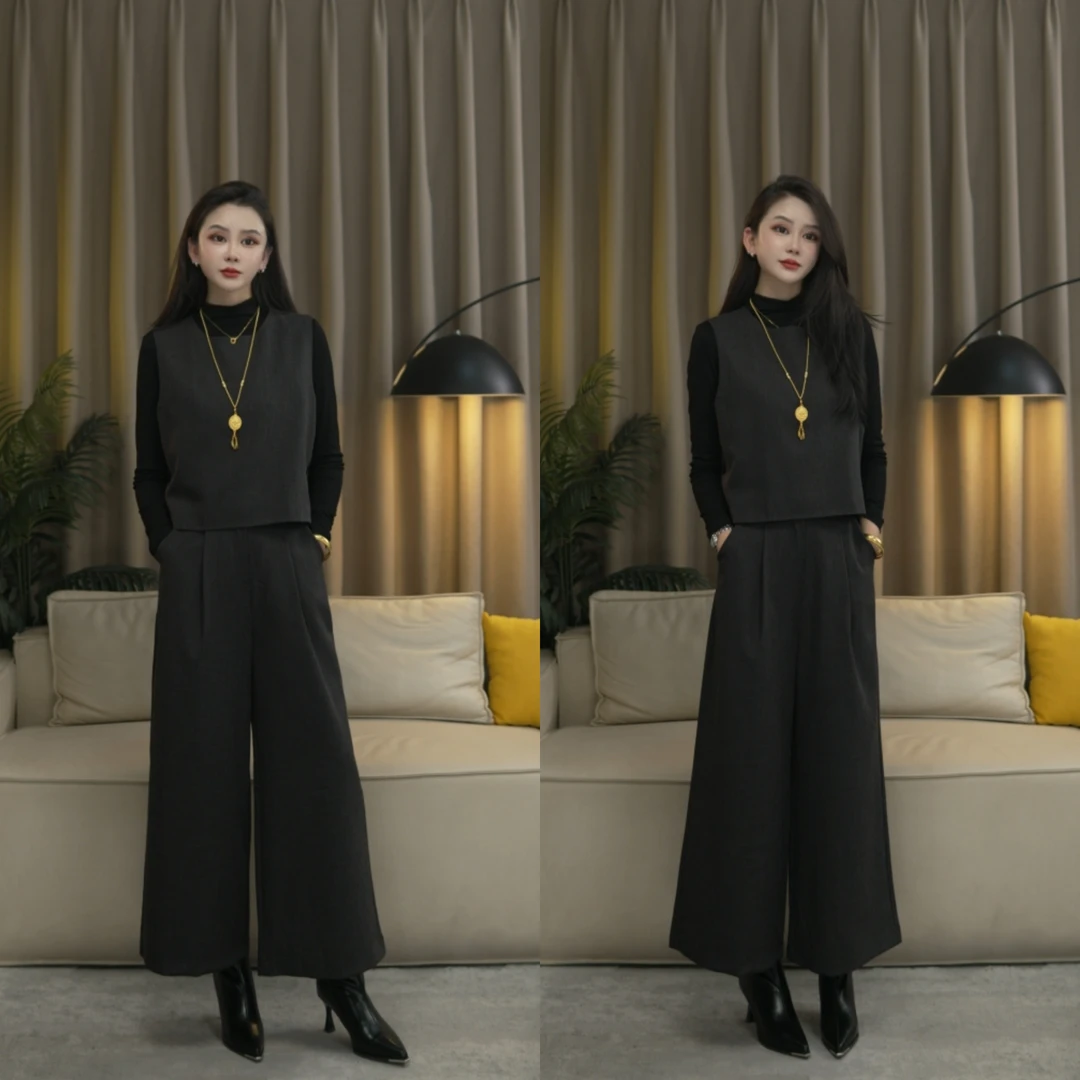 【现货】复古文艺气质套装2025秋季新款打底衫马甲阔腿裤时尚三件套