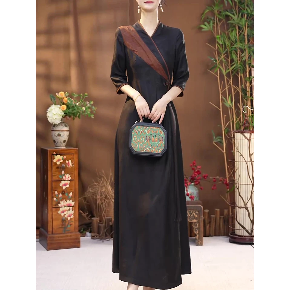 新中式改良旗袍连衣裙2025夏季新款文艺时尚收腰修身显瘦高贵长裙