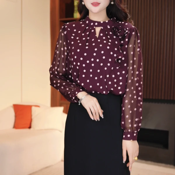 新款紫色圆领时尚波点长袖轻奢衬衫春季高端气质小衫上衣0223-5