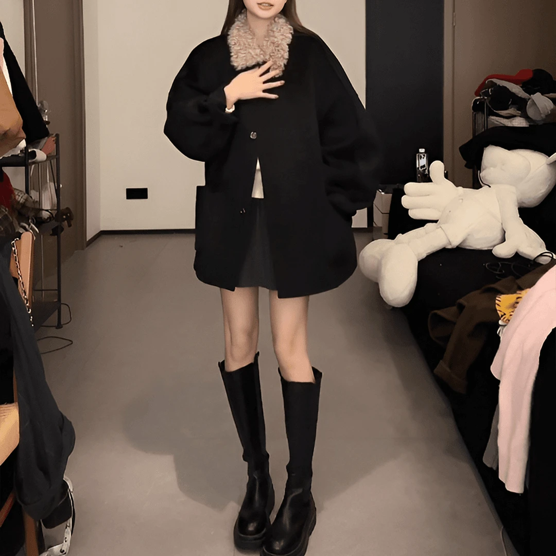 老钱风毛毛翻领撞色短外套女冬季新款宽松慵懒加厚保暖派克服大衣