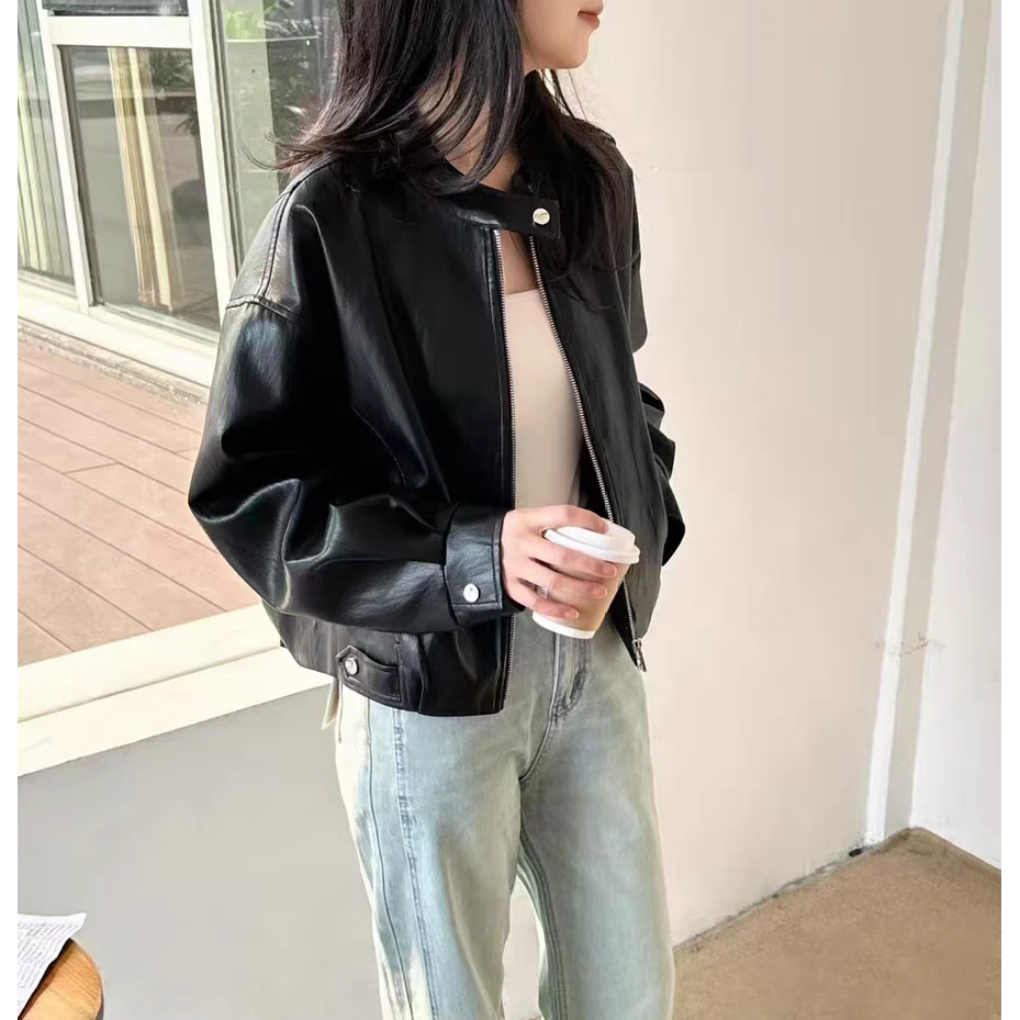 复古短款蛋白皮衣外套女黑色2025春季新款小个子高级感机车夹克PU