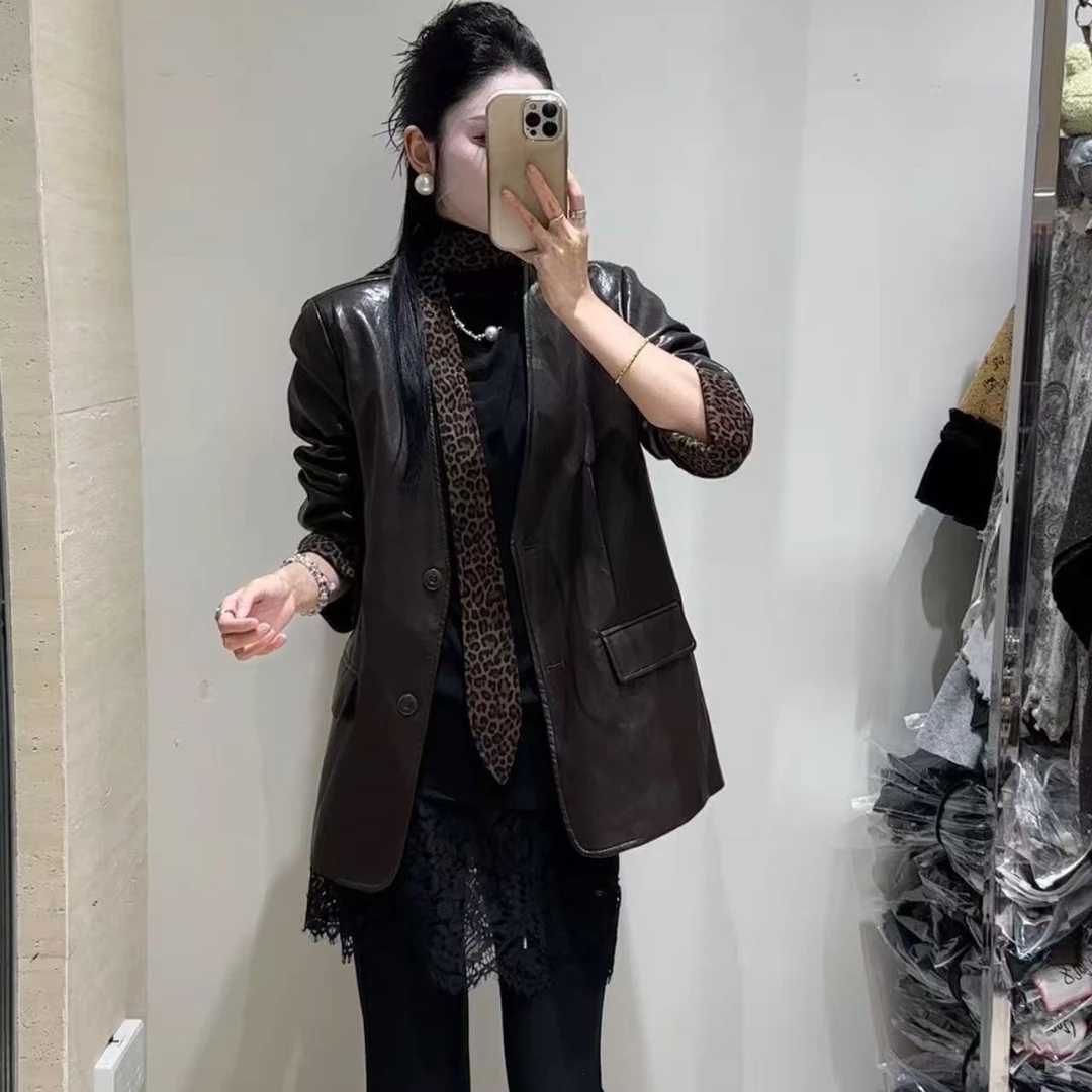 韩国东大门秋季新款丝巾袖拼接皮衣高级感洋气百搭显瘦轻奢复古