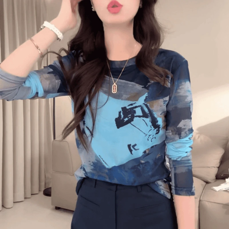 撞色圆领T恤时尚休闲长袖新款春夏水墨印花防晒弹力网纱上衣8006