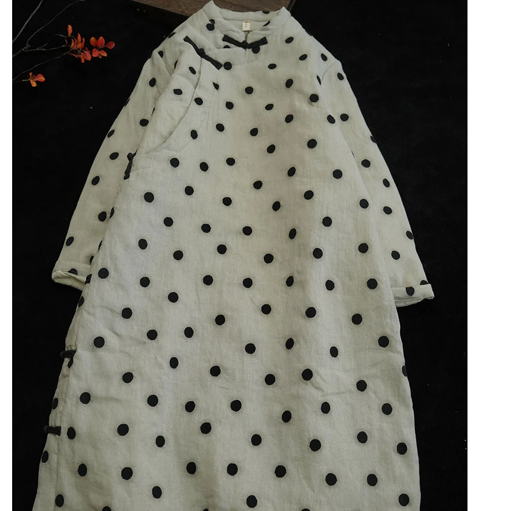 冬季高端复古雨露亚麻波点刺绣立领斜襟盘扣改良夹棉