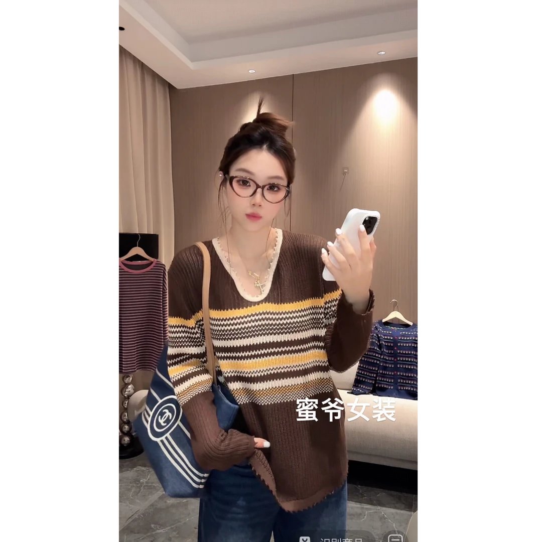 【蜜爷家】秋季韩系条纹拼色花边毛衣