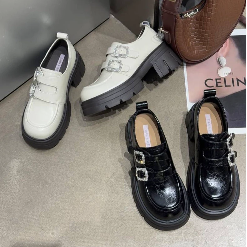 2025春季新款英伦风时尚小皮鞋松糕厚底增高单鞋一脚蹬乐福鞋