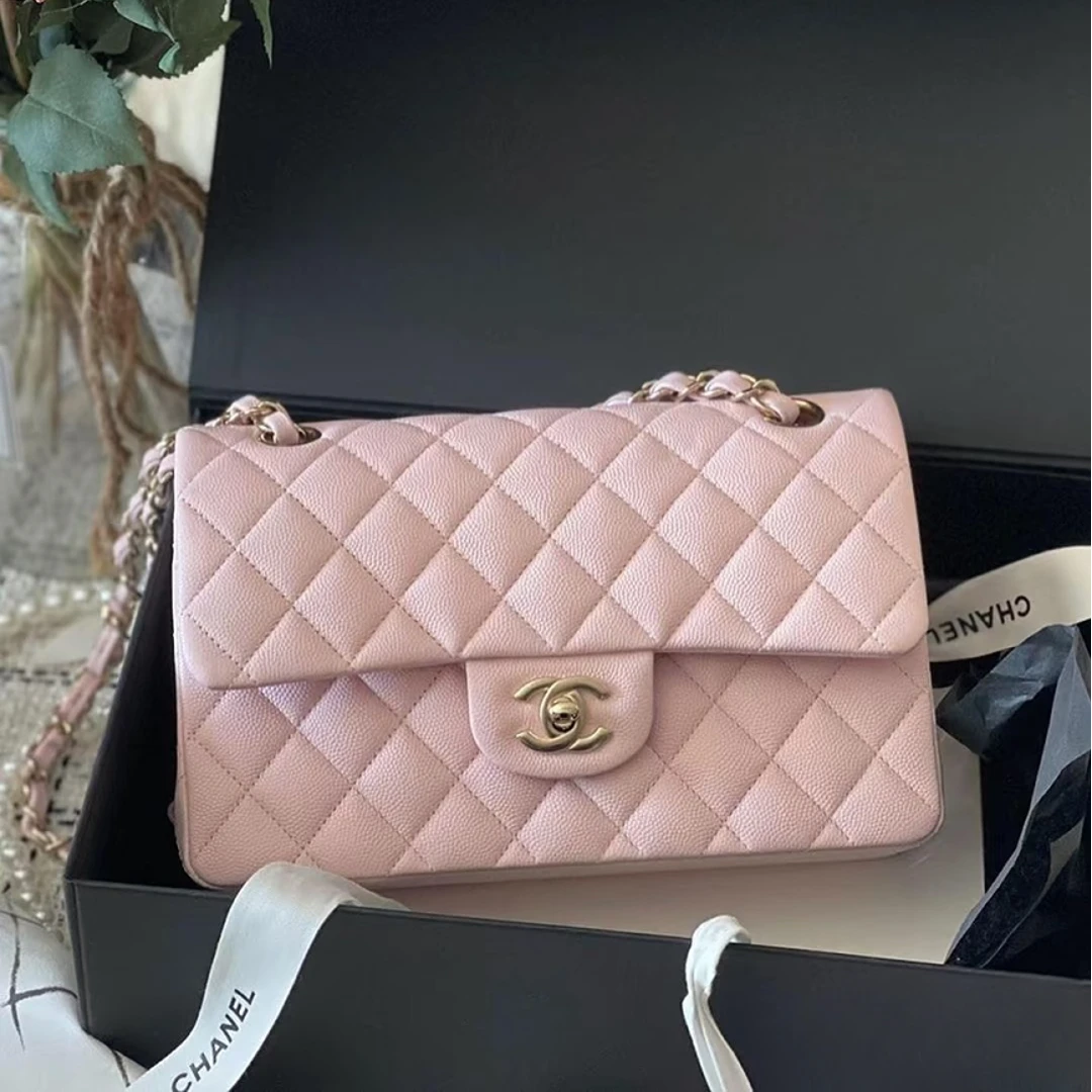 99新 Chanel/香奈儿 蔚蓝/樱花粉淡金扣鱼子酱小号CF链条包