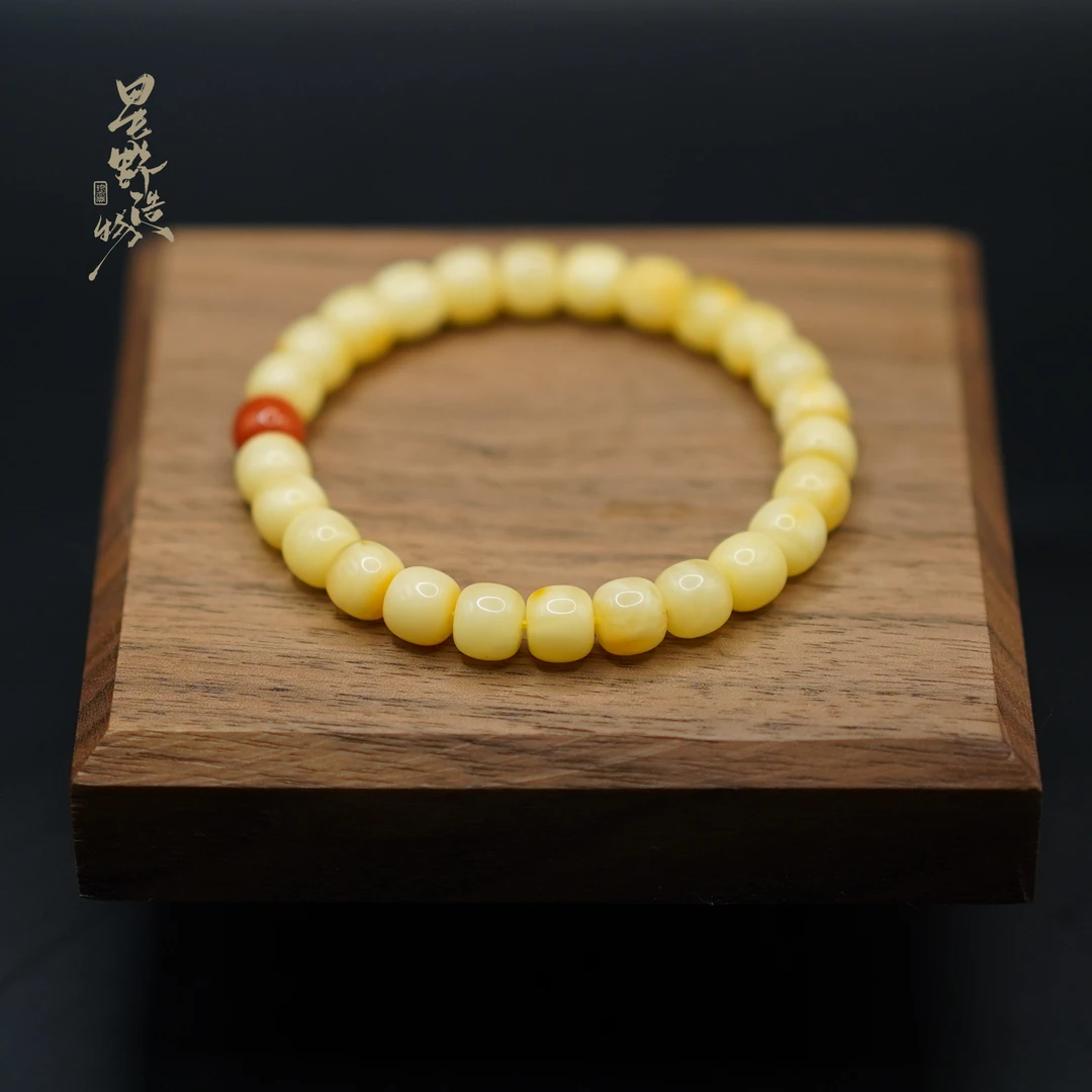 【蜜蜡手串】原创设计带皮白蜜蜡搭配南红手串老型单圈