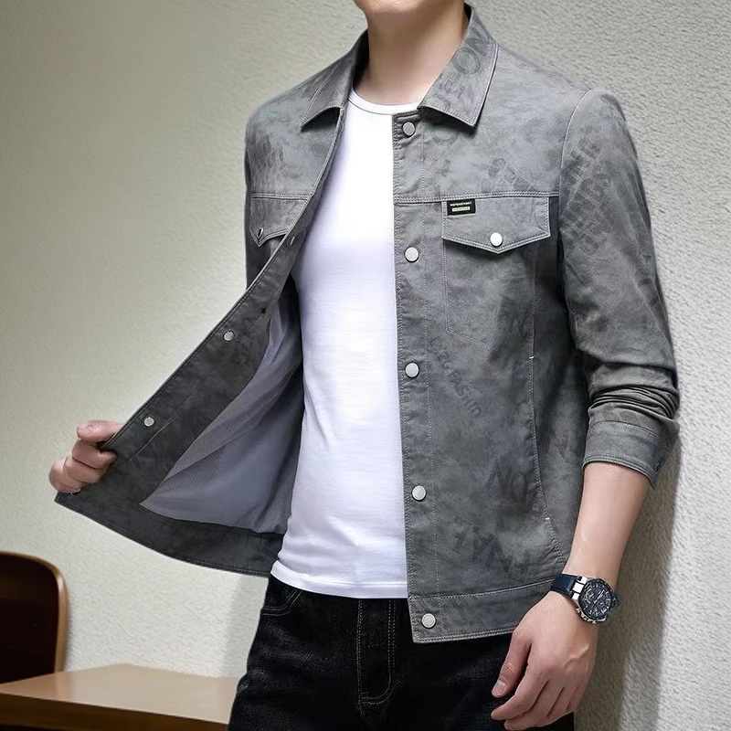 印花薄款翻领早秋休闲工装牛仔夹克男上衣男装外套韩版