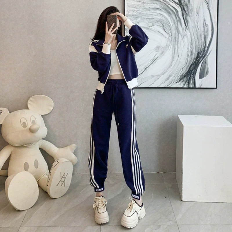 时尚洋气撞色休闲套装女春秋小个子穿搭一整套显瘦减龄运动两件