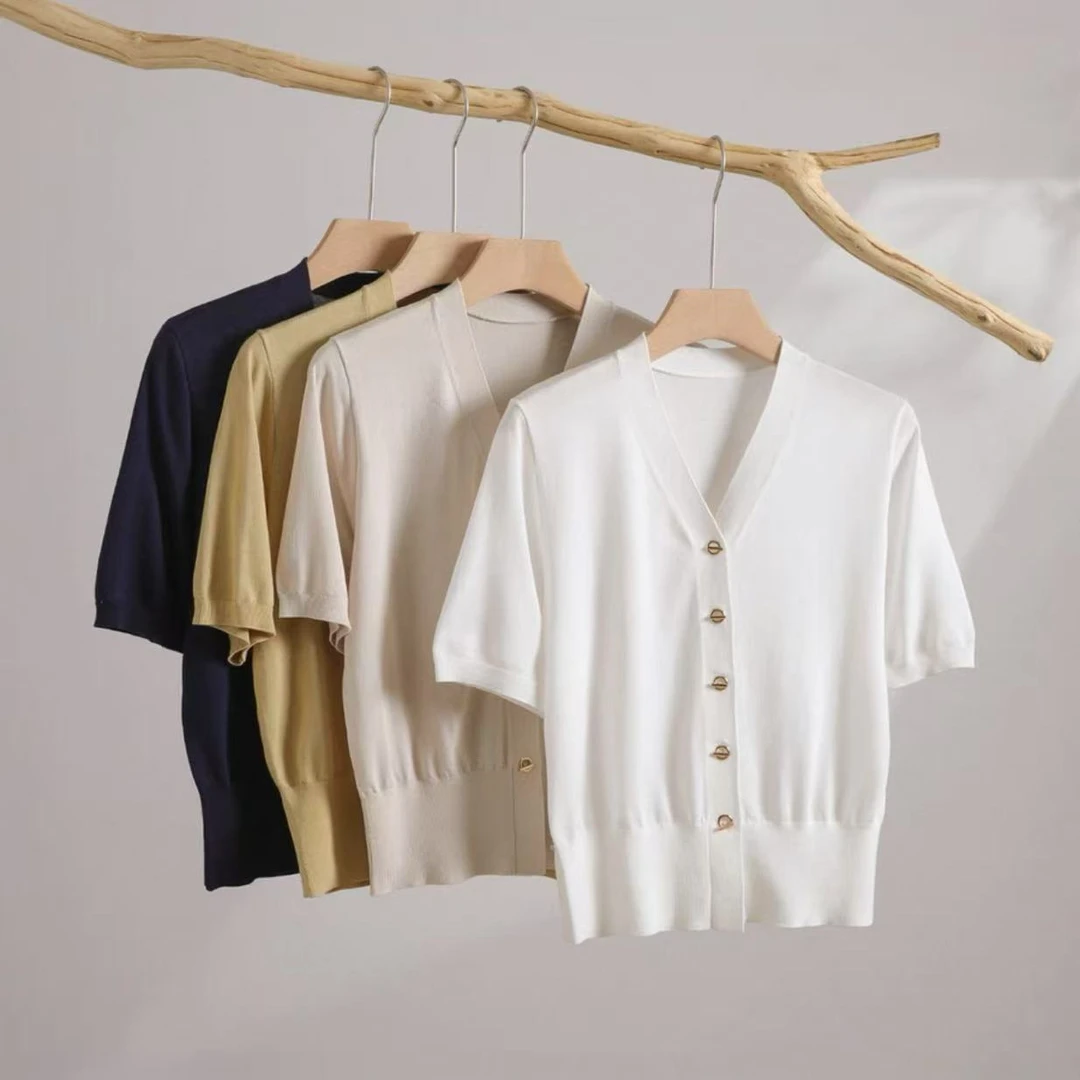 2025夏季新款天丝设计感设计感小众显瘦针织V领短袖简约小开衫