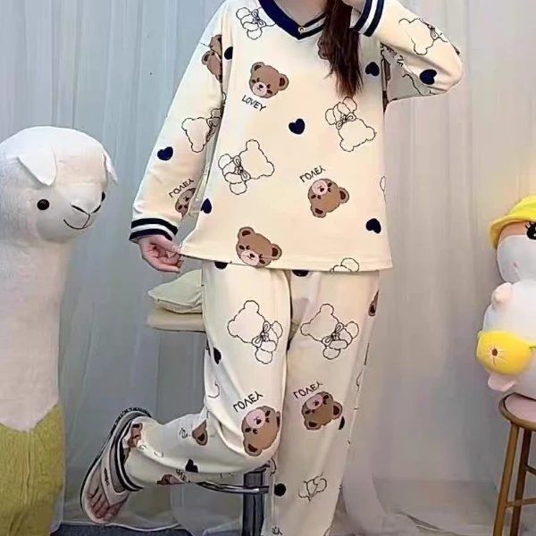 春秋冬新款女士带胸垫睡衣长袖长裤套装纯棉时尚可外穿家居服