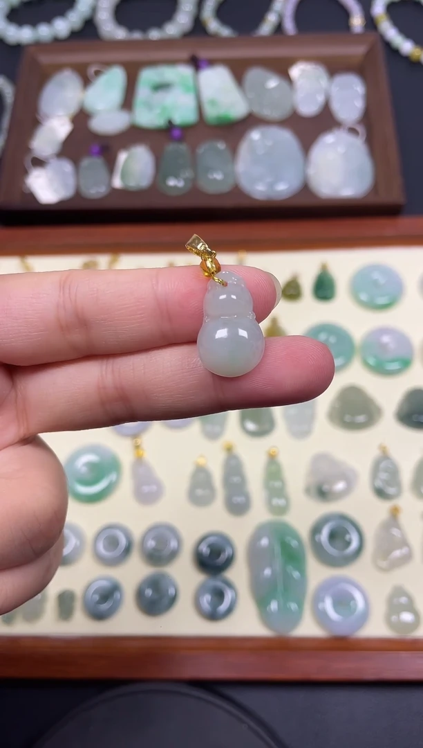 吊坠(不含链)14K金镶嵌翡翠冰飘绿葫芦