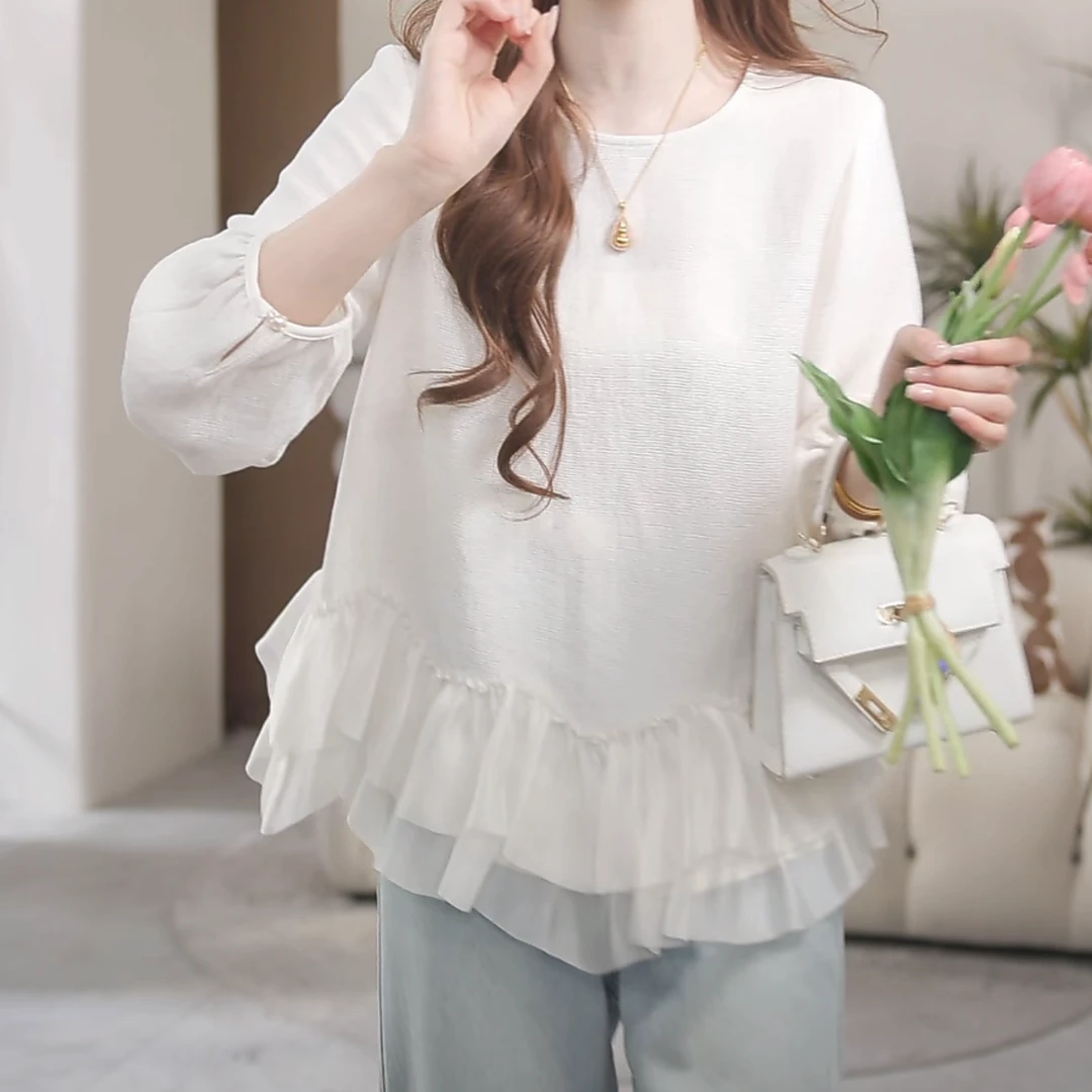 设计感下摆花边法式优雅气质衬衫女2025春季新款时尚圆领长袖衬衣