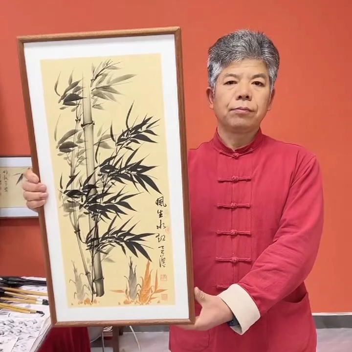 张富民作品/风生水起（乌檀木实木框）（竖版）/36*69厘米左右