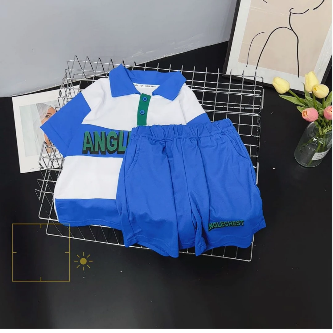 24028高端专享老林家夏款儿童短袖套装蓝白