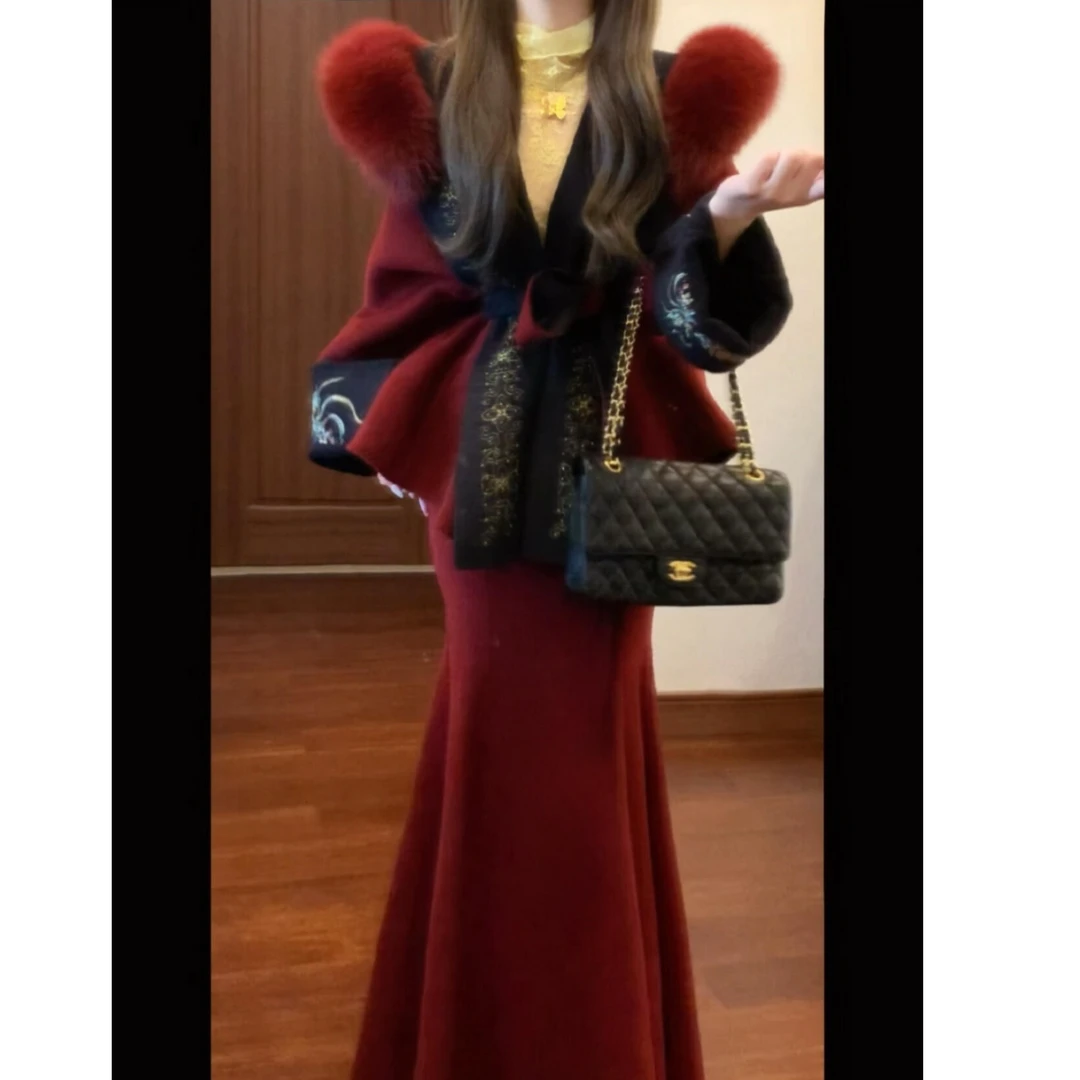 2025冬季新款新中式国风复古毛呢大衣外套高腰鱼尾半身裙新年套装