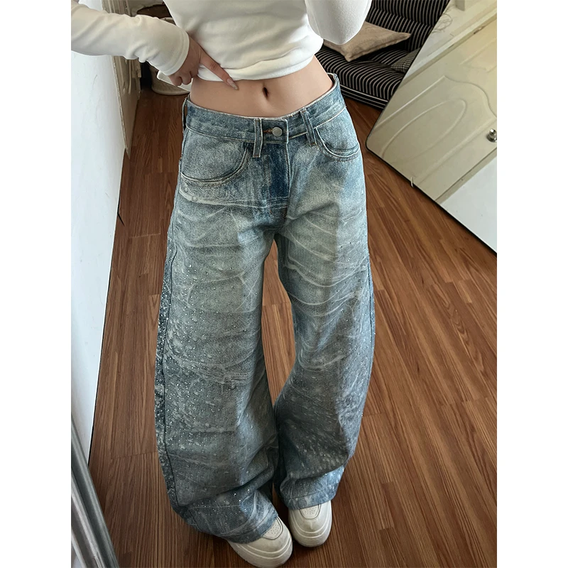 冰蓝色水波纹3D打印烫钻复古泼墨星光蛛网弯刀宽松阔腿牛仔裤女