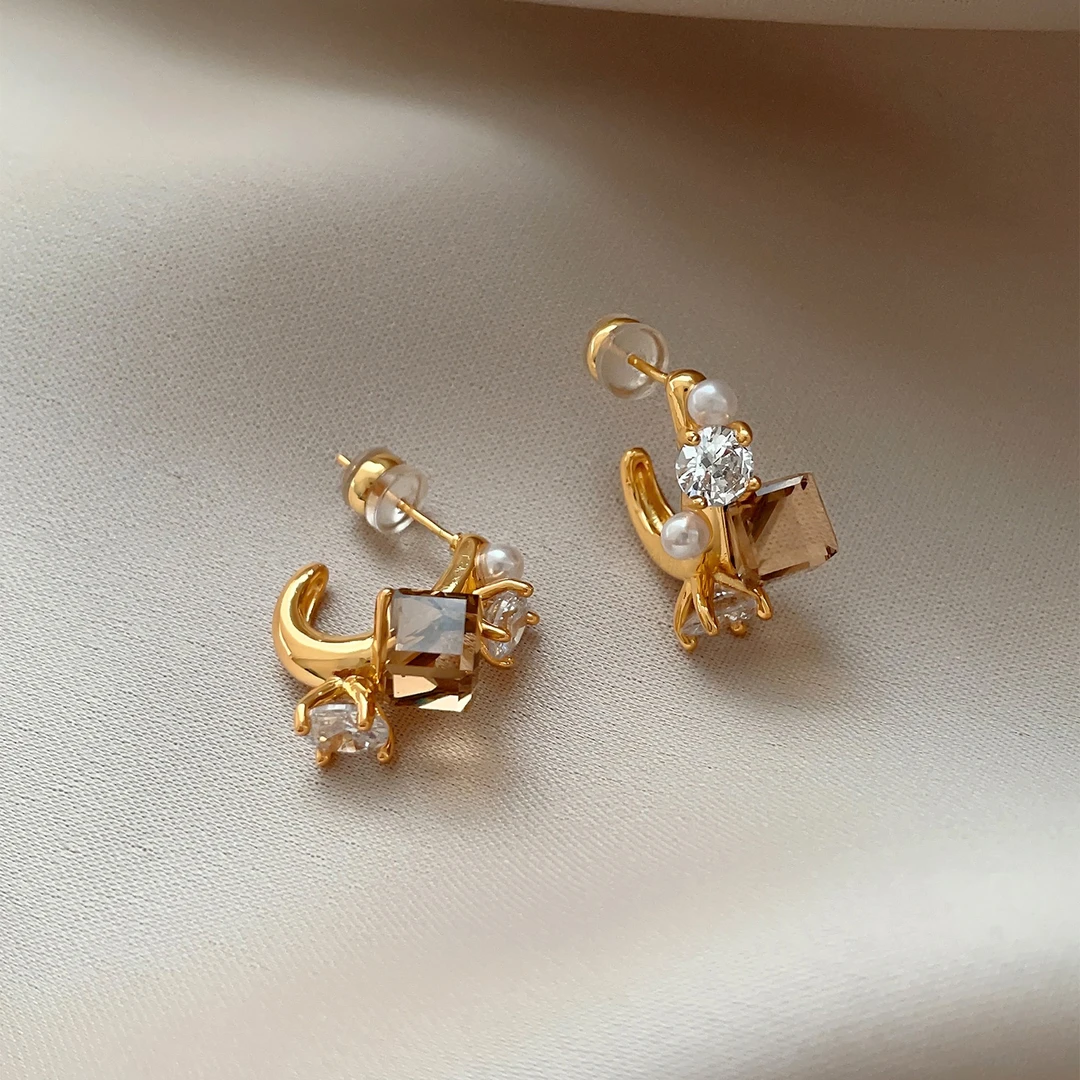 铜合金耳饰 金色锆石C圈耳环女高级感时尚耳饰小众设计气质耳钉潮