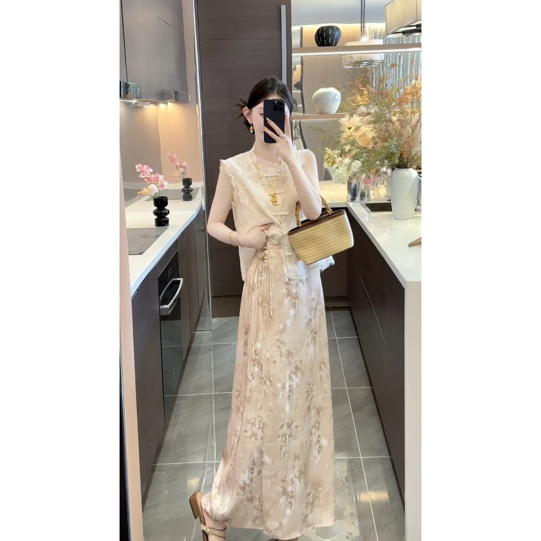 新中式国风刺绣杏色圆领马甲上衣+百搭显瘦半身裙女装套装高级感