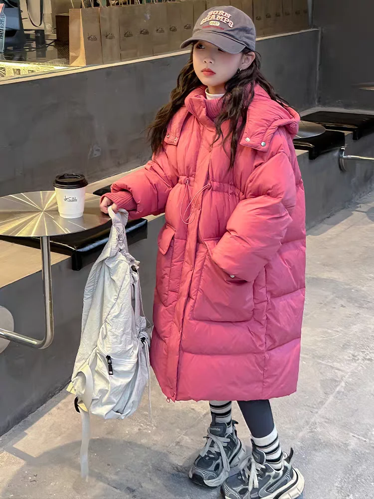 女童纯色可收腰中长款连帽棉衣A6