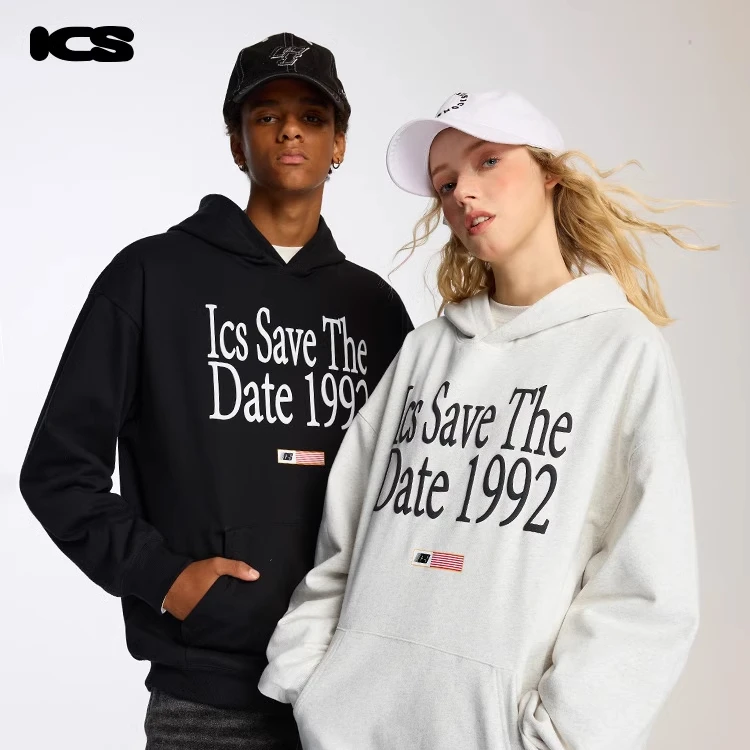 iconslab发泡排版印花连帽卫衣情侣装秋冬小旗帜宽松套头休闲帽衫