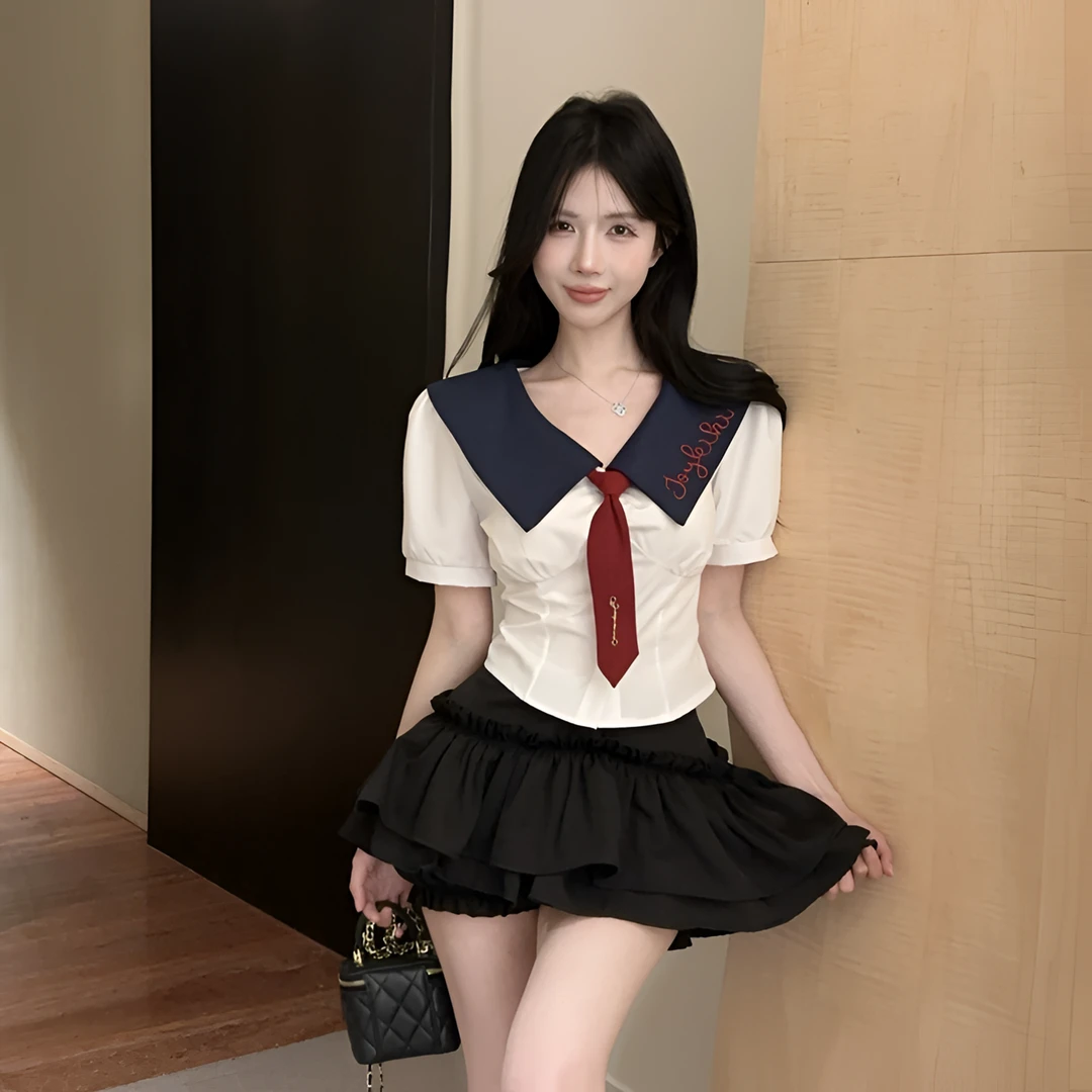 辣妹学院风jk制服套装夏季气质短袖白色衬衫高腰显瘦蛋糕裙两件套