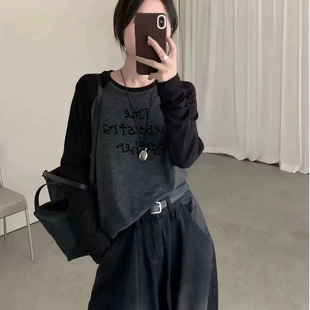 25628番外秋季新款韩国超柔软垂感薄料字母印花插肩袖长袖T恤女