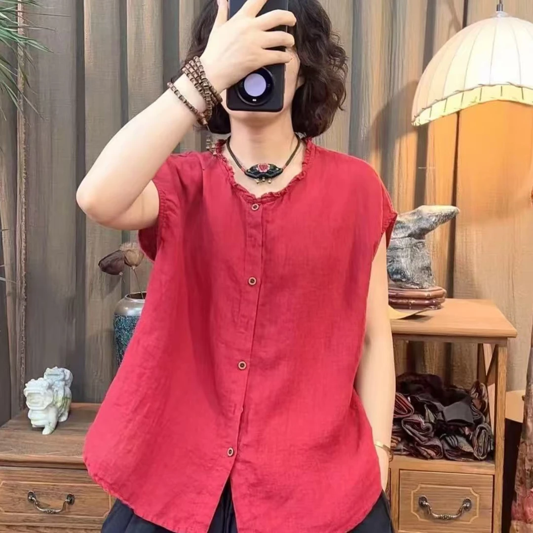 68279砂洗亚麻时尚花边领开衫百搭款（长65胸围130）夏季复古休闲