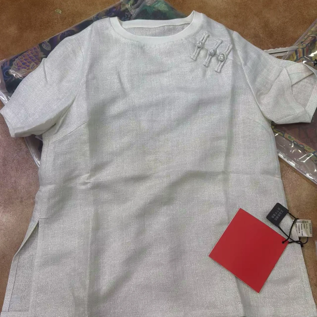 【一潮家】白色  夏日金丝麻东方极简中国风斜襟半截袖 97026-1