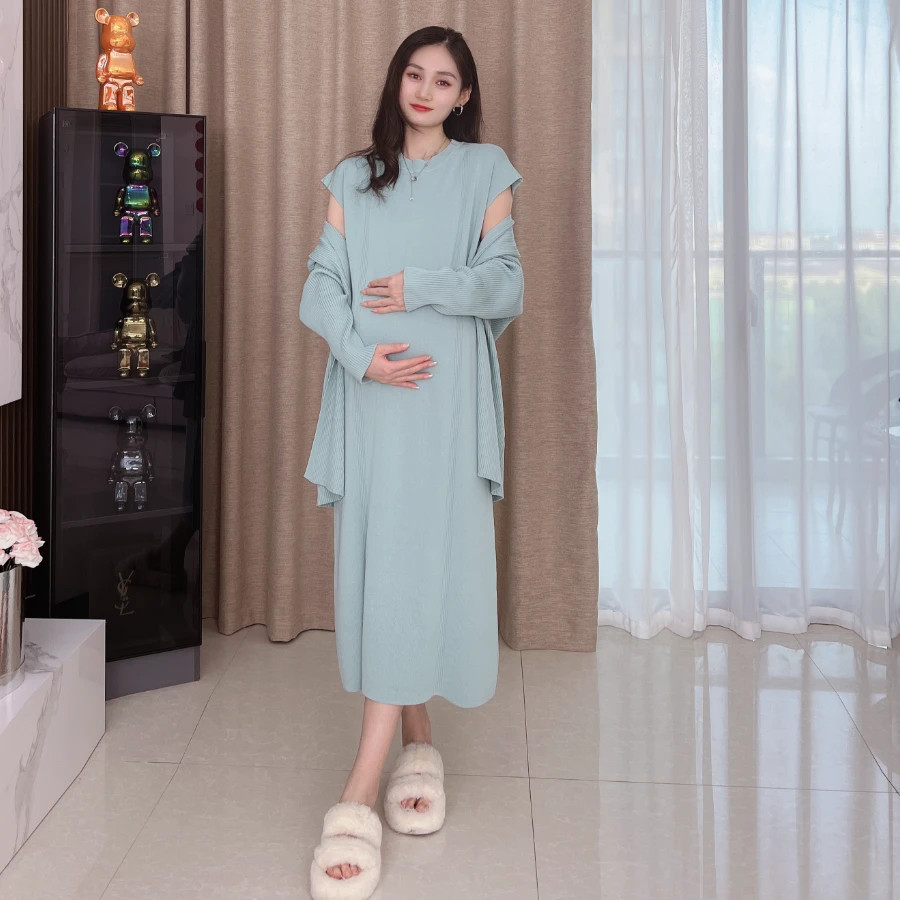 Ann&tens 【漫步春风】春秋款老钱风宽松版孕妇套装连衣裙+开衫