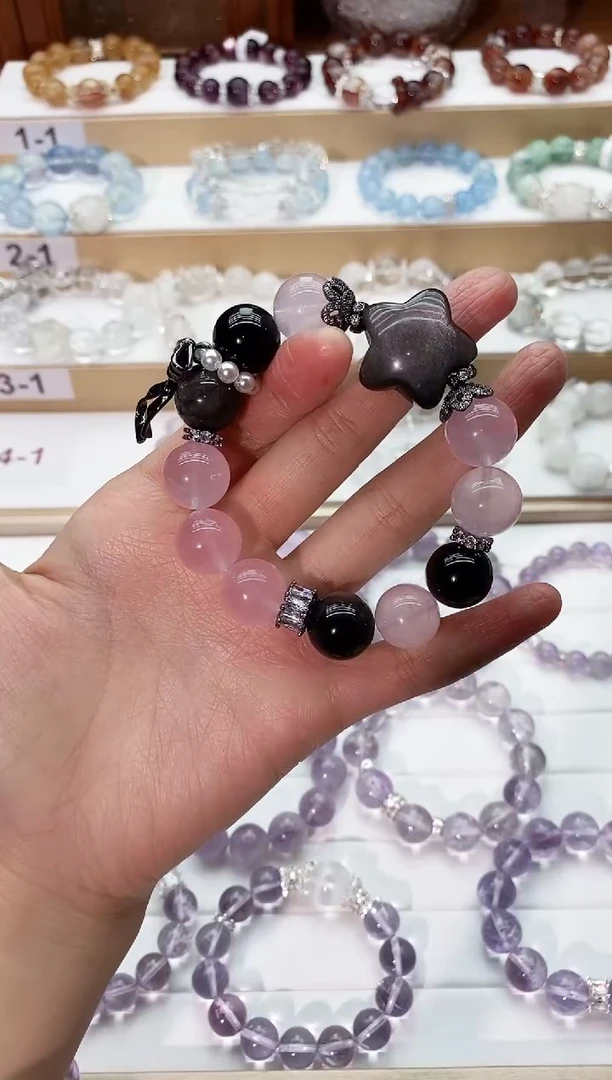 【闪购商品】水晶手串未镶嵌粉晶搭银曜石手串