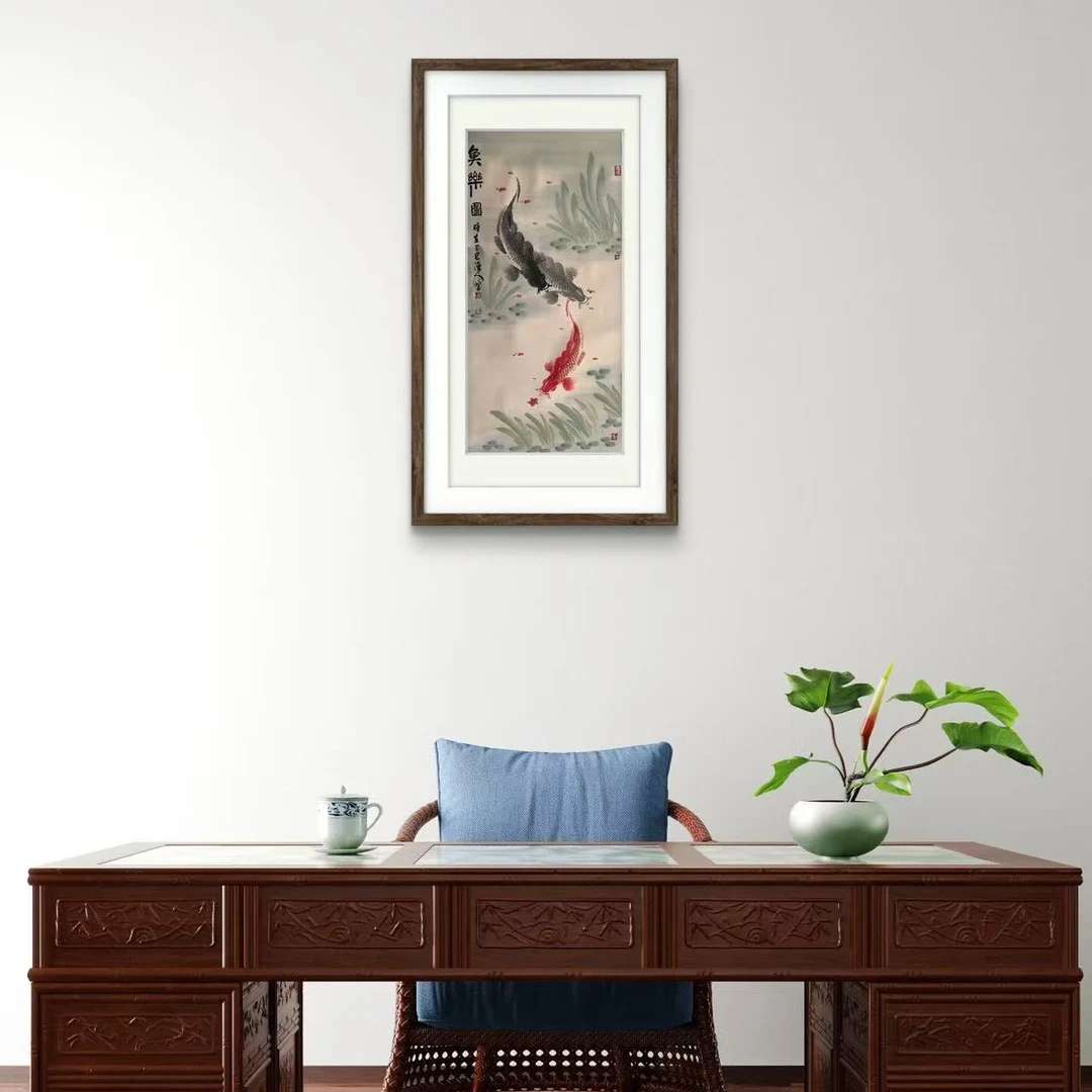 薄林老师原创作品荷花鲤鱼四尺___鱼乐图