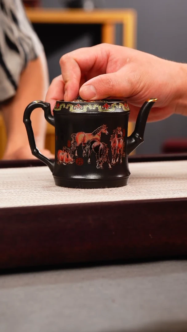 茶壶紫砂石黄 竹节 八骏珐琅彩