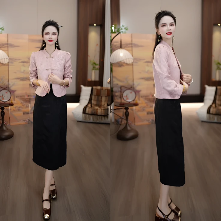 新品上新2025秋新中式国风胭脂水粉霜花上衣短外套+黑色半裙套装