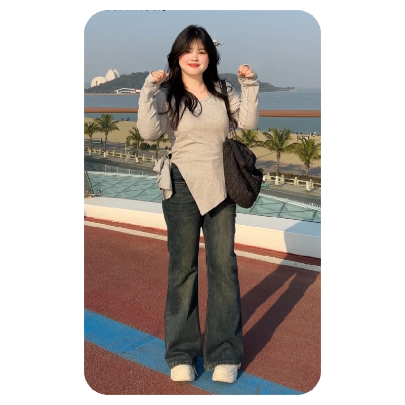 【秋款上新】高腰喇叭裤大码洋气微喇牛仔裤女胖mm显瘦裤子