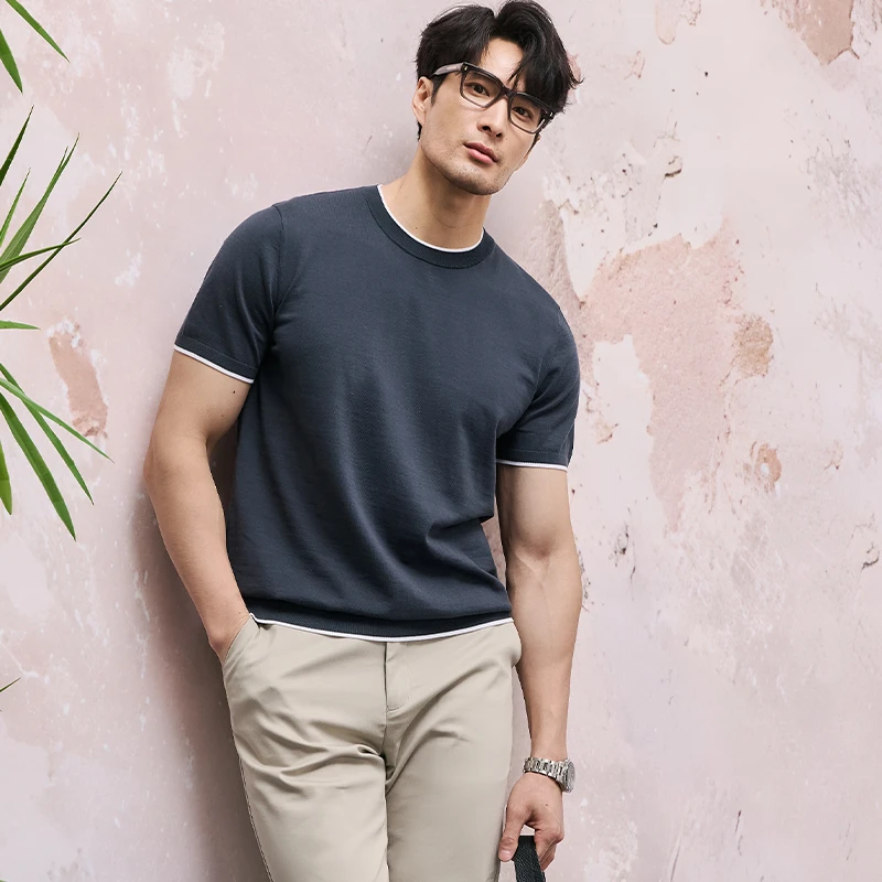 高端撞色双层领 桑蚕丝亚麻棉透气夏季休闲套头圆领针织短袖T恤男