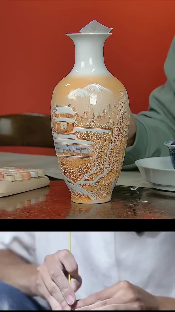 【闪购商品】028手工手绘国营好瓷梵红雪景赏瓶