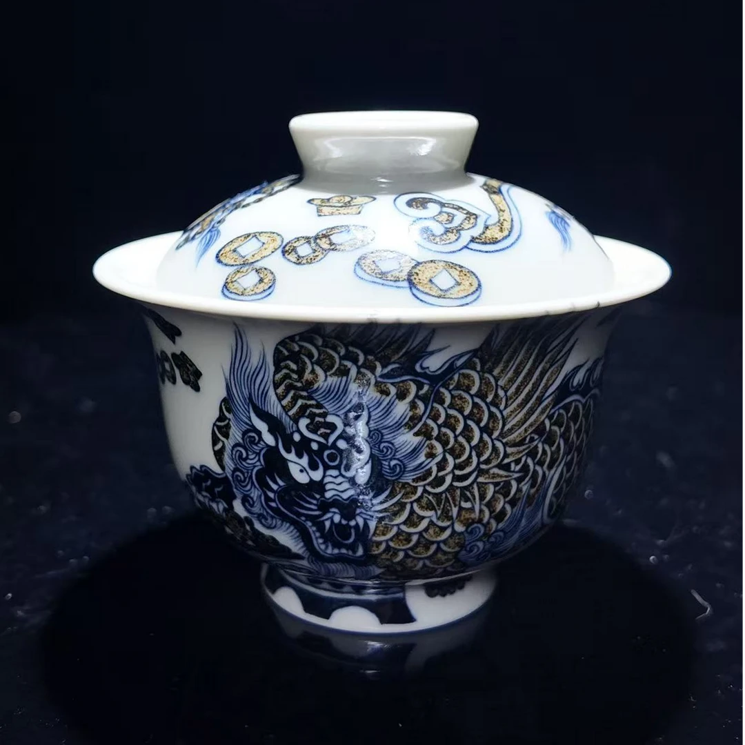 元经秘旨青花釉里金貔貅元宝盖碗