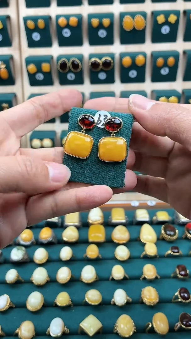 琥珀银S925镀金镶嵌耳饰耳钉