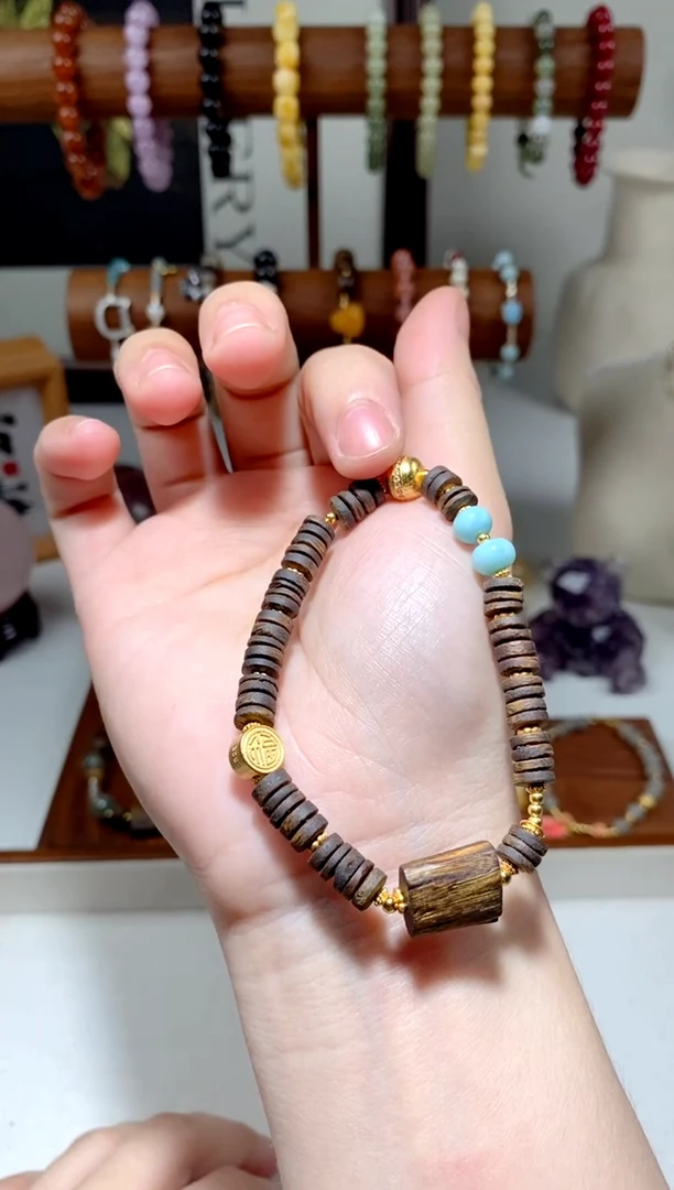 银S925镶嵌沉香手串 沉香海纹石药片手串 多样性发一