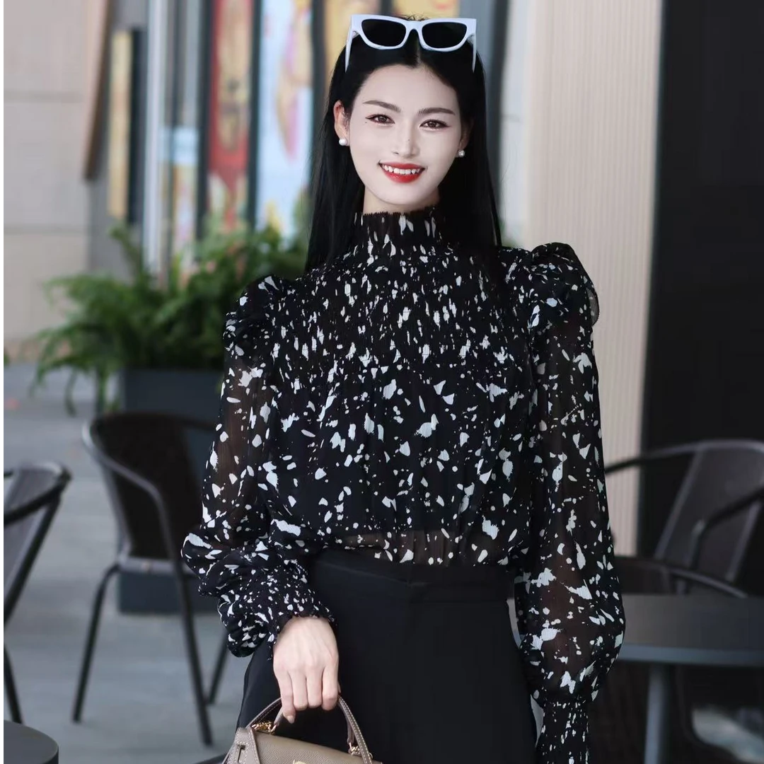 130028早秋新款时尚气质百搭复古长袖宫廷领法式衬衣