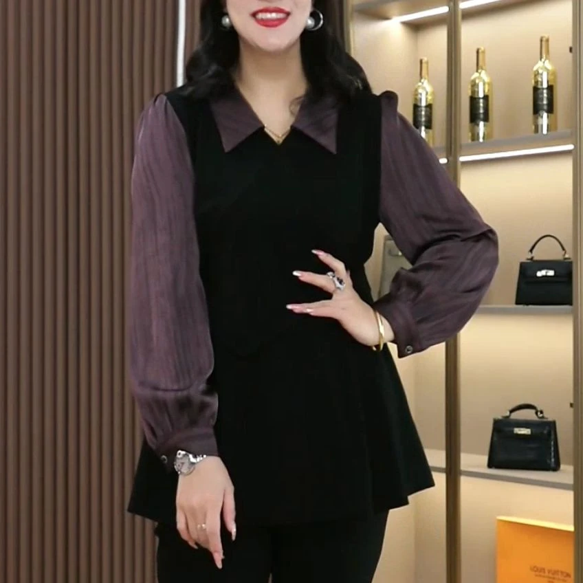 丹思慕秋季新款时尚气质百搭设计感洋气拼接假两件收腰显瘦250219