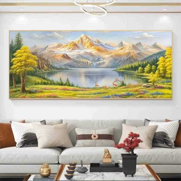 聚宝盆金山福禄沙发背景墙山水挂画横幅画平面晶瓷挂画