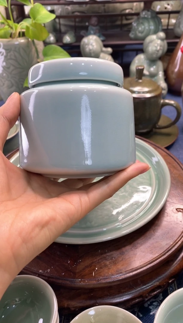 耀州窑微瑕处理400ml天青釉茶叶罐【b000108】1只 无密封