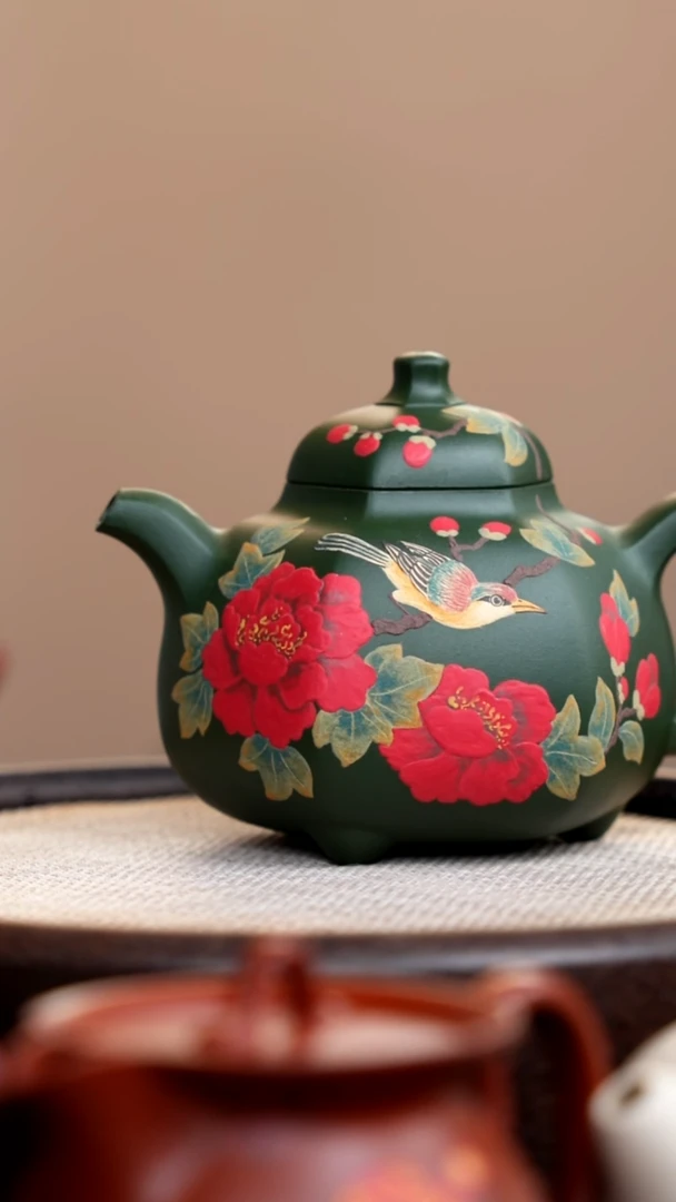 茶壶紫砂民国绿六方乳鼎泥绘大红花