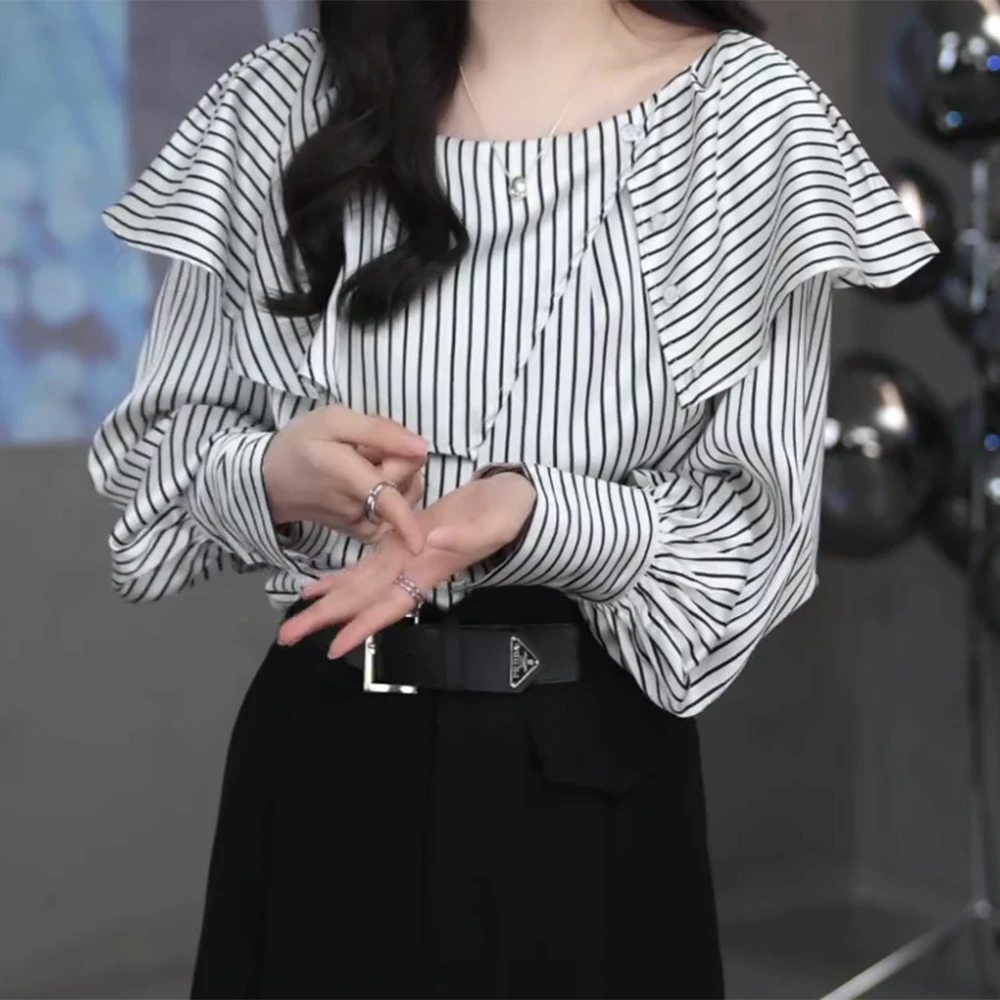 【轻歌曼舞】条纹露肩时尚百搭春季新款一字肩气质长袖衬衫女