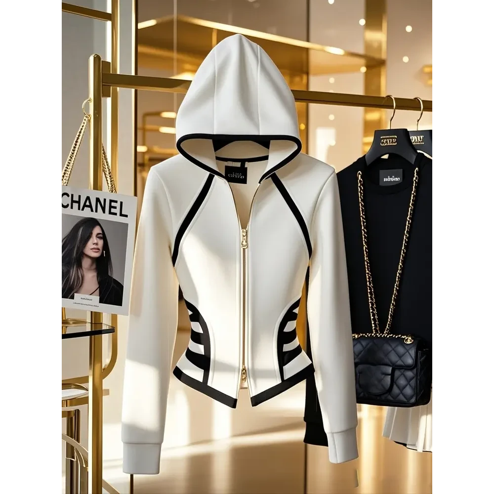 4094今年流行爆款高级感短款上衣女冬季气质收腰白色连帽卫衣外套