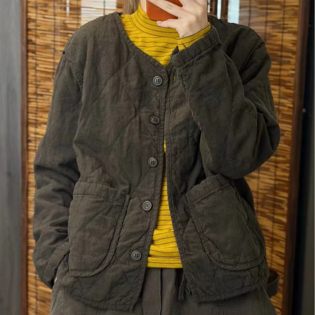 秋冬复古洋气汉麻新中式双层压格大口袋女装休闲外套 长58-64