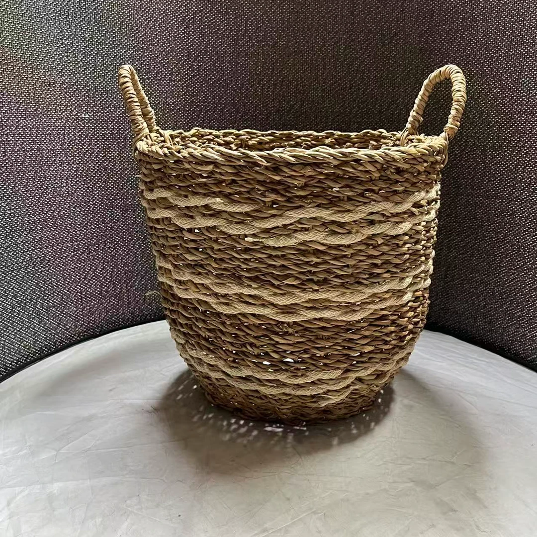 5665瑕疵款 直径34高30cm 家用草编收纳筐圆形储物桶玩具筐大容量